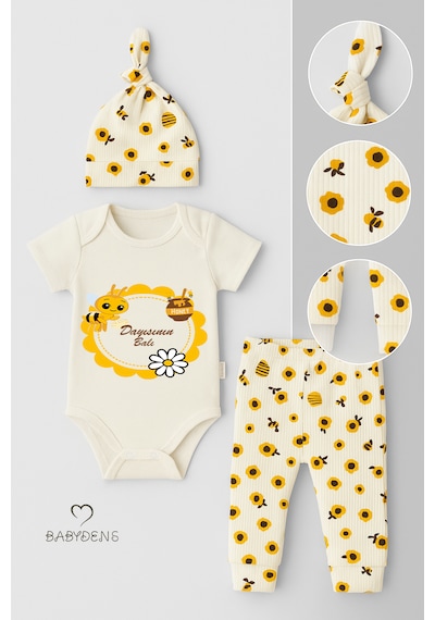 Babyden's Dayısının Balı Yazılı 3 Lü Bebek Takımı Pamuklu Kısa Kollu Çıtçıtlı Body, Arı Desenli Pantolon,bere Set Unisex Ekru