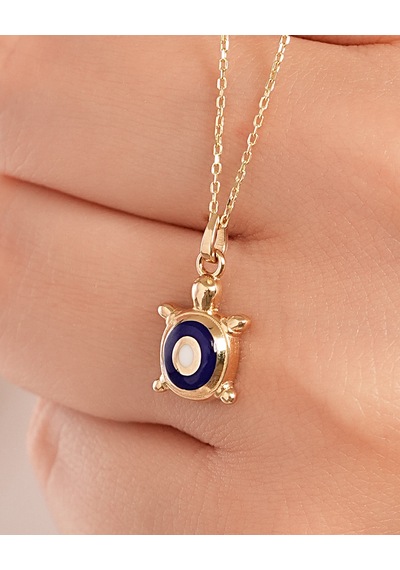 Debora Jewelry 14 Ayar Altın Nazar Boncuklu Minimal Kaplumbağa Kolye