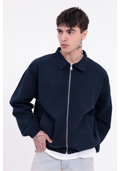 Erkek Gabardin Kumaş Fermuarlı Oversize Beli Lastikli Mevsimlik Ceket-265 Lacivert