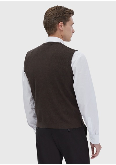Ramsey Kahverengi Regular Fit V Yaka Casual Örme Triko Yelek
