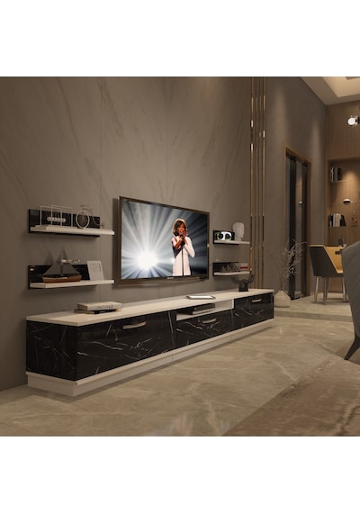 Decoraktiv Trendstyle 270r Mdf Tv Ünitesi Tv Sehpası Beyaz - Siyah Mermer