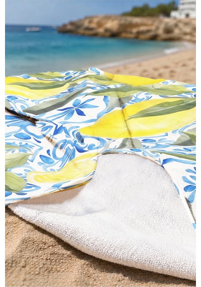 Limon Temalı Akdeniz Çini Plaj Havlusu - Tropikal Modern Mavi Sarı Hızlı Kuruyan Mikrofiber Havlu Gölgeli Mimoza Limon Temalı Akdeniz Çini Plaj Havlusu - Tropikal Modern Mavi Sarı Hızlı Kuruyan Mikrofiber Havlu Gölgeli Mimoza
