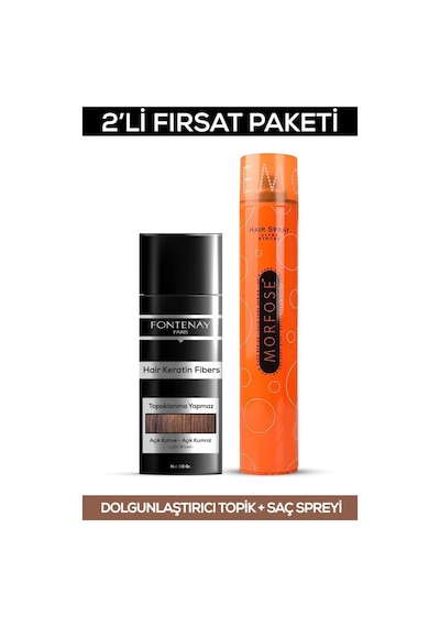 Fontenay Saç Dolgunlaştırıcı Keratin Fibers Açık Kahve Topik Saç Tozu 50gr + Saç Spreyi 400ml 2'li Set 2