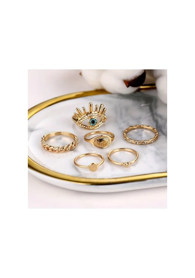 Silva 6 Adet Kristal Taşlı Geometrik Tasarım Kalp Nazar Figürlü Vintage Çoklu Gold Altın Yüzük Seti