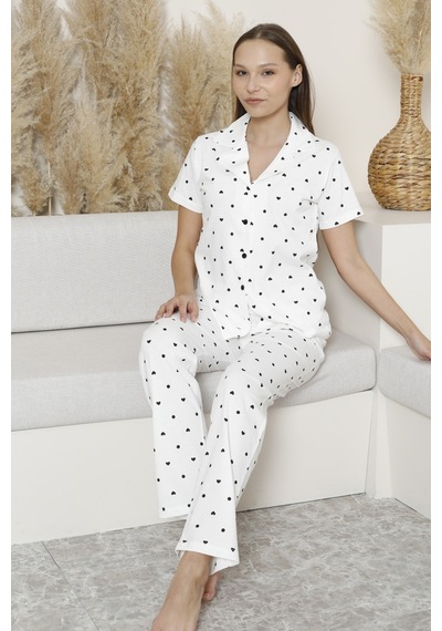 Wordex Mirano 6864 Kısa Kollu Süprem Kumaş Düğmeli Kadın Pijama Takımı Beyaz