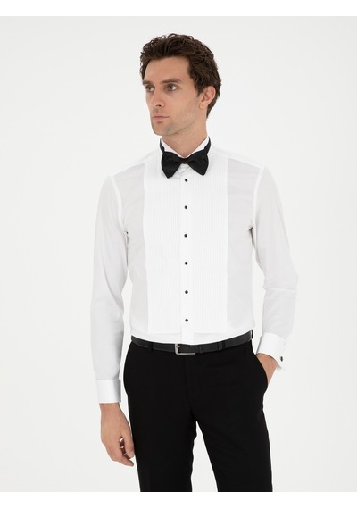 Cacharel Beyaz Slim Fit Manşetli Pamuk Karışımlı Smokin Gömlek