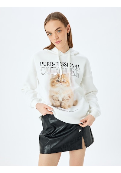 Koton Kapüşonlu Kedi Baskılı Uzun Kollu Rahat Kalıp Sweatshirt Ekru 5sal10480ık Ekru