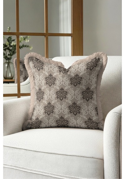 Klasik Damask Tasarımlı Saçaklı Yastık Kılıfı - Avangart Osmanlı Vizon Krem Püsküllü Kırlent Kılıfı Mor