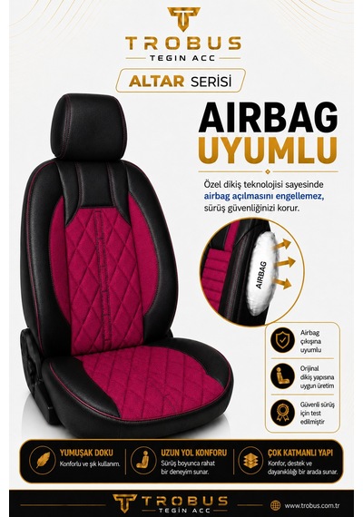 Fiat Egea Cross 2020 Sonrası Uyumlu Altar Serisi Tay Tüyü Bordo Siyah Premium Koltuk Kılıfı