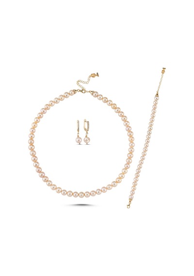Şeftali Tonu 8,5 Mm Doğal İnci Kolye Bileklik Küpe Üçlü Set Rose Gümüş