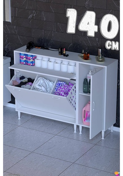 Erim 140 Cm Üçlü Çamaşır Sepetli Modern Banyo Ve Kiler Dolabı Beyaz 100+40 X97x32 Cm