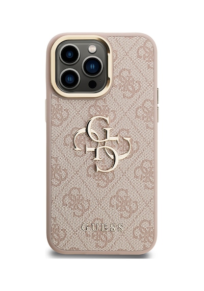 Apple iPhone 14 Pro Max Uyumlu Kılıf Guess Lisanslı Metal 4g Ve Yazı Logolu Kamera Standlı Kapak Pembe
