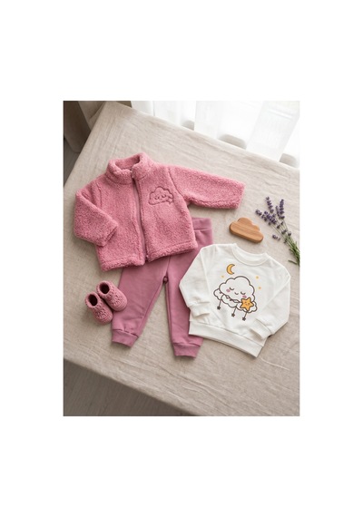 Deniva Kids Kız Bebek Pembe Peluş Hırkalı Bulut Baskılı 3'lü Takım Hırka, Sweatshirt, Eşofman Altı
