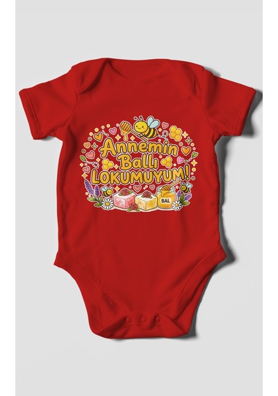 Morivokids Annemin Ballı Lokumuyum Kısa Kollu Bebek Body %100 Pamuk Kırmızı