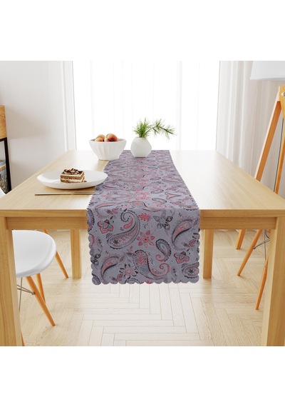 Şal Desenli Gri Kırmızı Kadife Dokulu Runner 40x180