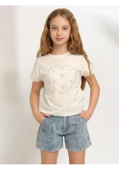 Escabel Kız Çocuk Pamuklu Yuvarlak Yaka Yarım Kol Taşlı T-shirt-15669 Ekru