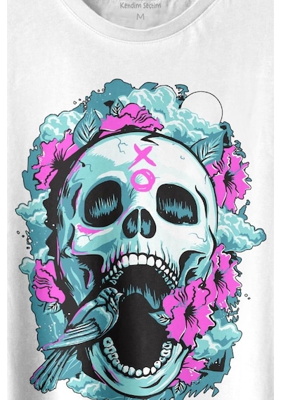 Sugar Skull Skeleton Rose Kuru Kafa Gül Baskılı Tişört Unisex T-shirt 001