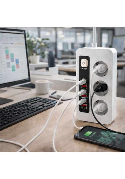 3500w Akım Korumalı 3 Lü Priz 2 Type-c + 4 Usb Girişli Açma Kapama Anahtarlı 2 Metre Kablolu 2 M