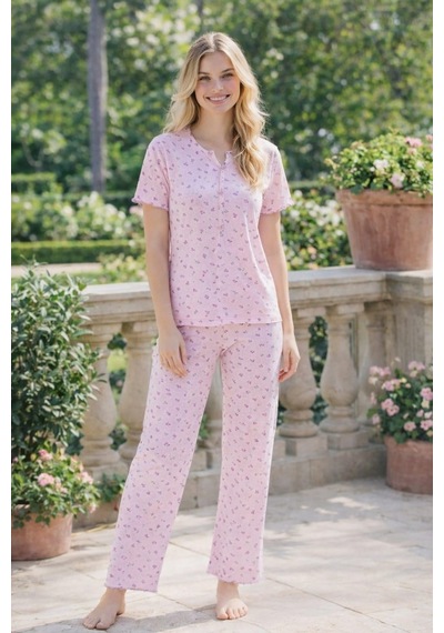 Kadın 01628 Kısa Kol Kaşkorse Pijama Takımı Pembe