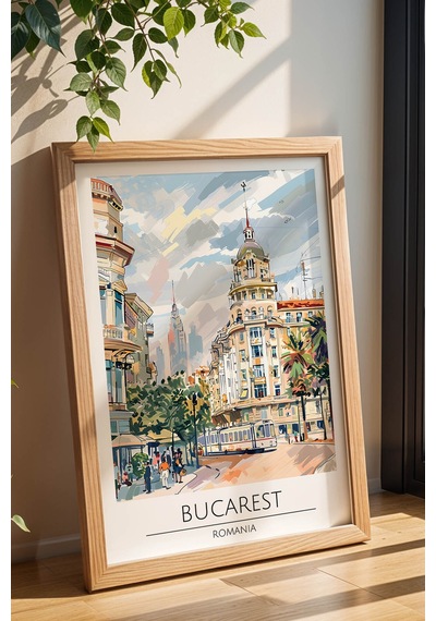 Romanya Bükreş Temalı Çerçeveli Tablo Travel Serisi Modern İllüstrasyon Şehir Duvar Dekoru Kayın