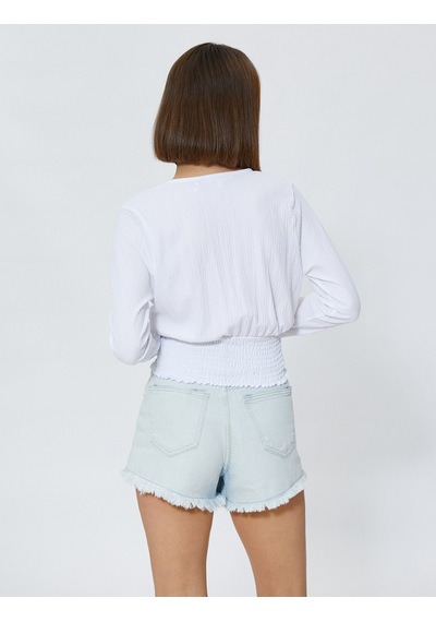 Koton Gipeli Crop Bluz V Yaka Uzun Kollu Beyaz 3sak80105ek