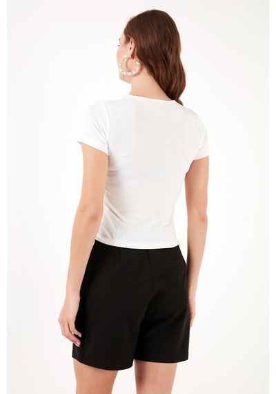 Lela Slim Fit V Yaka Yanları Büzülebilir Bayan Bluz 5864011 Ekru