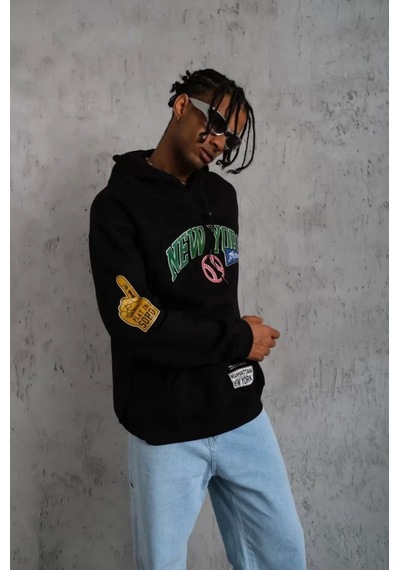 Erkek Baskılı Kapüşonlu Sweatshirt - Siyah Siyah
