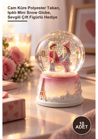 10 Adet Love Story Işıklı Mini Kar Küresi Cam Küre Polyester Taban, Işıklı Mini Snow Globe, Sevgili Çift Figürlü Hediye
