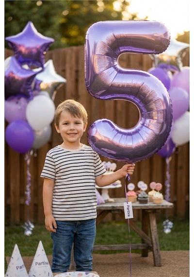 32 İnç Mor Rakam 5 Folyo Balon Çok Renkli