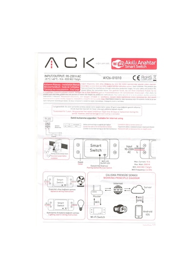 Ack Wifi Röle Akıllı Anahtar Switch Wi-fi İle Uzaktan Smart Kontrol 90-230v 10a Ip20