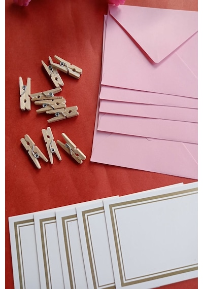 Pembe 10 Adet Mandallı Zarflı Not Kartı Seti- Hediye Kartı