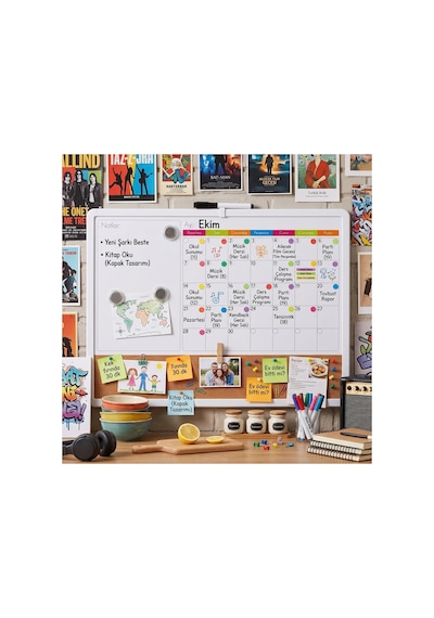 3'ü 1 Arada Manyetik Takvimli Mantar Pano Ve Yazı Tahtası 43x58.5 Cm + Kalem, Magnet, Sticker Seti Beyaz