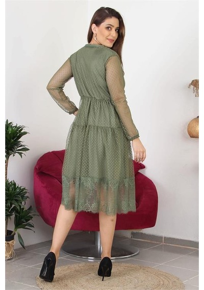 Neşeli Butik Kadın Kruvaze Yaka Eteği Güpür Detaylı Yeni Sezon Elbise Apcx10 Haki