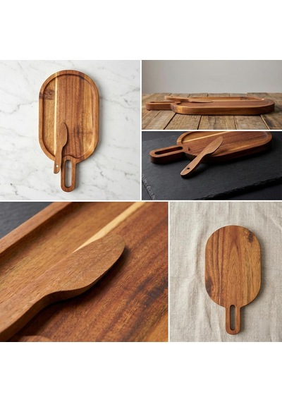 Doğal Akasya Ahşap Oval Peynir Ve Sunum Tahtası 30x14 Cm Saplı Servis Tepsisi, Yanında Özel Ahşap Peynir Bıçağı İle 2 Parça Set Çok Renkli