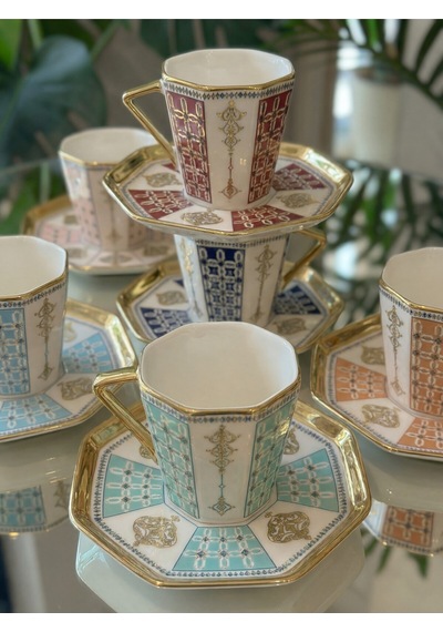 Elta Collection Yeni Altın İşlemeli Desenli 6 Kişilik Porselen Kahvesi Fincan Seti Desenli