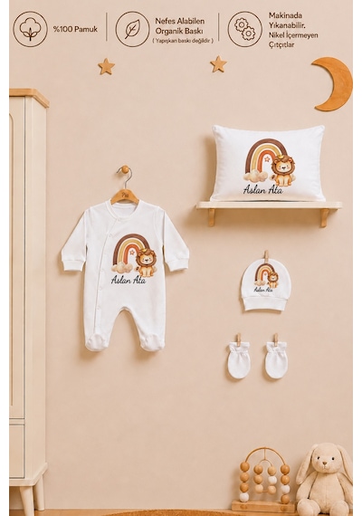 Pia Baby Erkek Bebek Hastane Çıkışı Tulum Seti %100 Pamuk İsimli Organik Baskı Yastık Kılıfı Ve Battaniye 2014tybyx Ekru