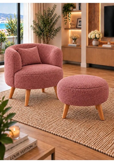 Marbella Teddy Kumaş Berjer Puf Hediyeli, Ahşap Ayaklı Dekoratif Tekli Koltuk Çay Seti Pembe