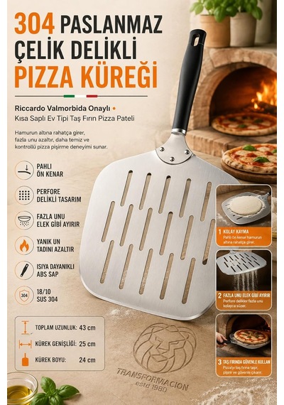 Delikli Pizza Küreği 18/10 Çelik 25x24 Cm Kısa Saplı Ev Tipi Taş Fırın Pizza Pateli 723461 Diğer