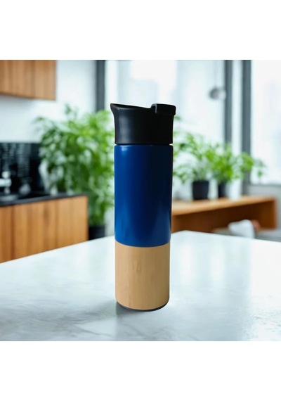 450 Ml Bambu Kaplamalı Çelik Termos - Siyah, Mavi Ve Kırmızı Renk Seçenekli Sızdırmaz Isı Yalıtımlı Seyahat Termosu Mavi Çok Renkli