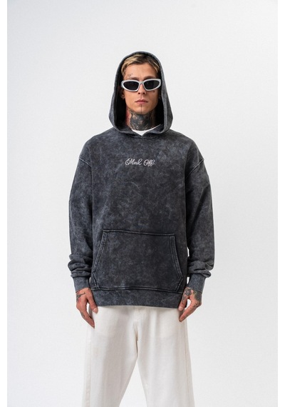 Respire Erkek Mask Off Baskılı Yıkamalı Kapüşonlu Oversize Hoodie Siyah