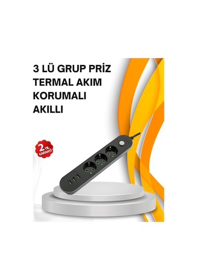 Hızlı Şarj Özellikli 3 Usb Girişli Üçlü Priz - Lisinya 2