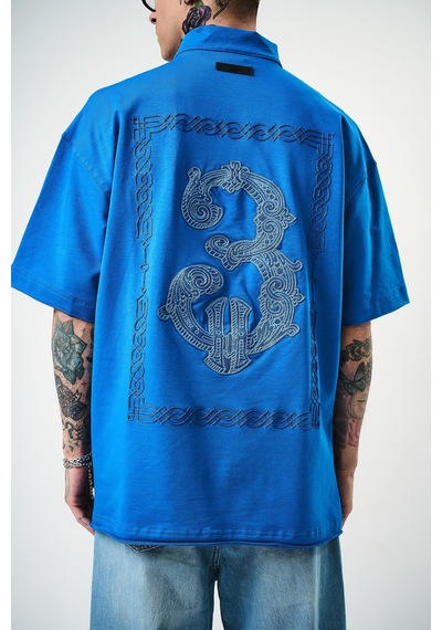 Respire Erkek 3 Nakışlı Yarım Fermuarlı Oversize T-shirt Mavi