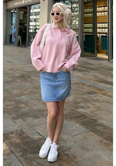 Madmext Pembe Düğmeli Polo Yaka Kadın Kazak Mg2307 Pembe