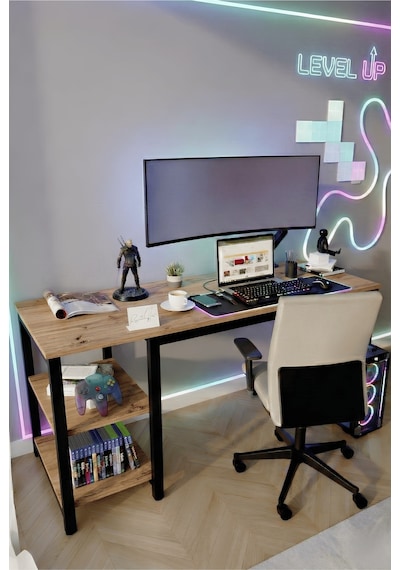 Reflekta Raflı Oyuncu Masası 60x160 Cm. Gaming Masa Demonte Atlantik Çam-siyah Reflekta Raflı Oyuncu Masası 60x160 Cm. Gaming Masa Demonte Atlantik Çam-siyah