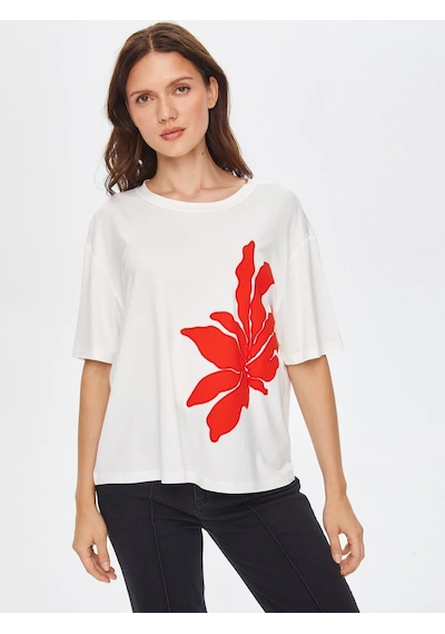 Faik Sönmez Çiçek Aplikeli Yuvarlak Yaka Kadın Kısa Kol T-shirt 69541 Ekru