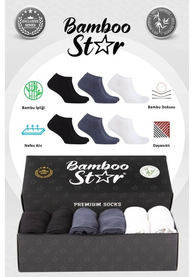 Bamboo Star Bambu Erkek Patik Düz Asorti Dikişsiz Çorap Premium Kutulu 6'lı 2 Beyaz - 2 Siyah - 2 Füme Siyah - Beyaz - Füme