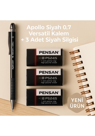 Apollo Beyaz 0.7 Versatil Kalem + 3 Adet Beyaz Silgi Siyah