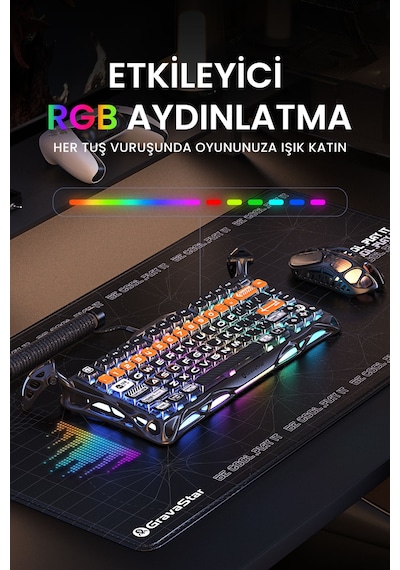 Gravastar Mercury K1 Pro Rgb Kablosuz Mekanik Gaming Klavye, Alüminyum Çerçeveli, İngilizce Q, Cyber