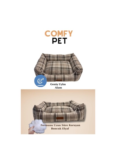 Comfy Pet Kedi Ve Köpek Yatağı Bej/oeko-tex Sertifikalı Dokuma Kumaş, Yıkanabilir Fermuarlı Minder, Destekleyici Yapı, Kaydırmaz Taban Bej, Large 58 70 22 Cm