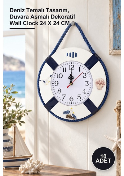 10 Adet Ahşap Marin Duvar Saati Deniz Temalı Tasarım, Duvara Asmalı Dekoratif Wall Clock 24 X 24 Cm Diğer